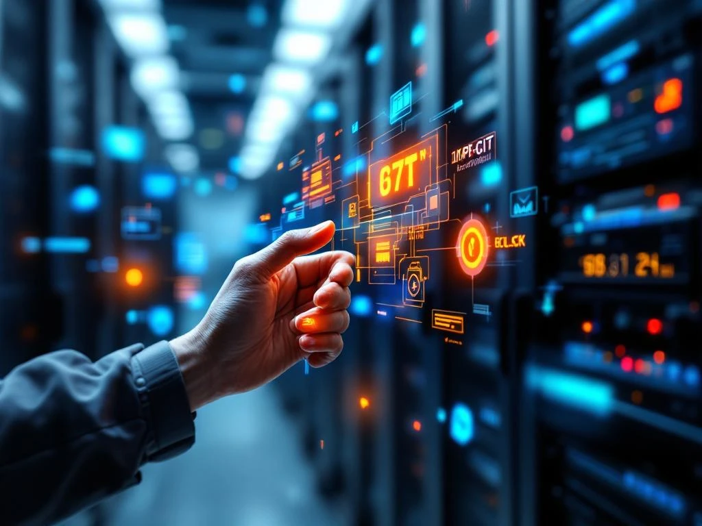 IT technician using AR glasses to view holographic diagnostic data overlaying server racks in modern data center