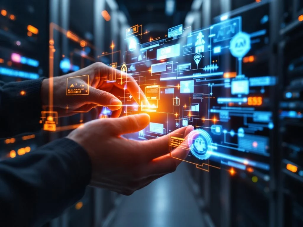 Hands wearing AR smart glasses manipulating holographic network diagnostics above server equipment in data center