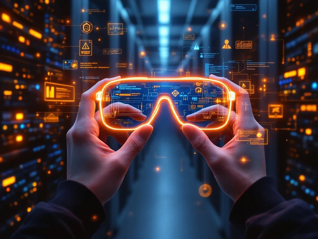 Hands wearing AR smart glasses with holographic diagnostic data overlaying server equipment in modern data center