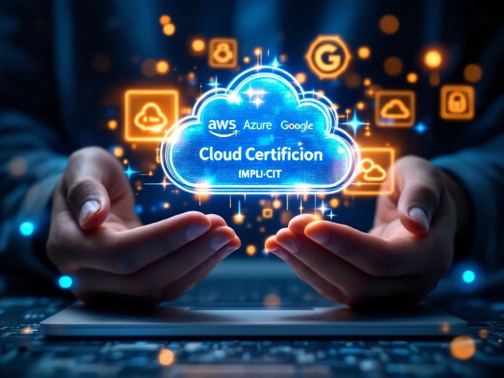 Hands holding glowing cloud certification badges for AWS, Azure, and Google Cloud above laptop on desk