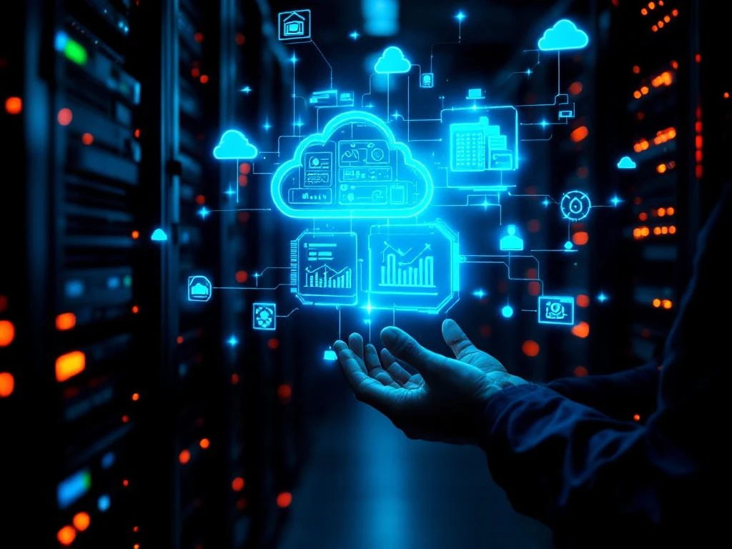 Data center technician working on servers with orange fiber optic cables connecting to blue holographic cloud icons