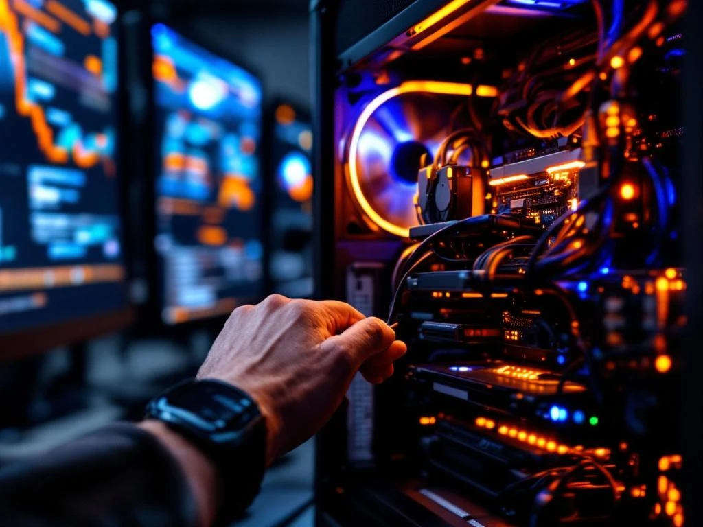 IT technician's hands repairing open computer tower with glowing circuit boards and diagnostic monitors in background