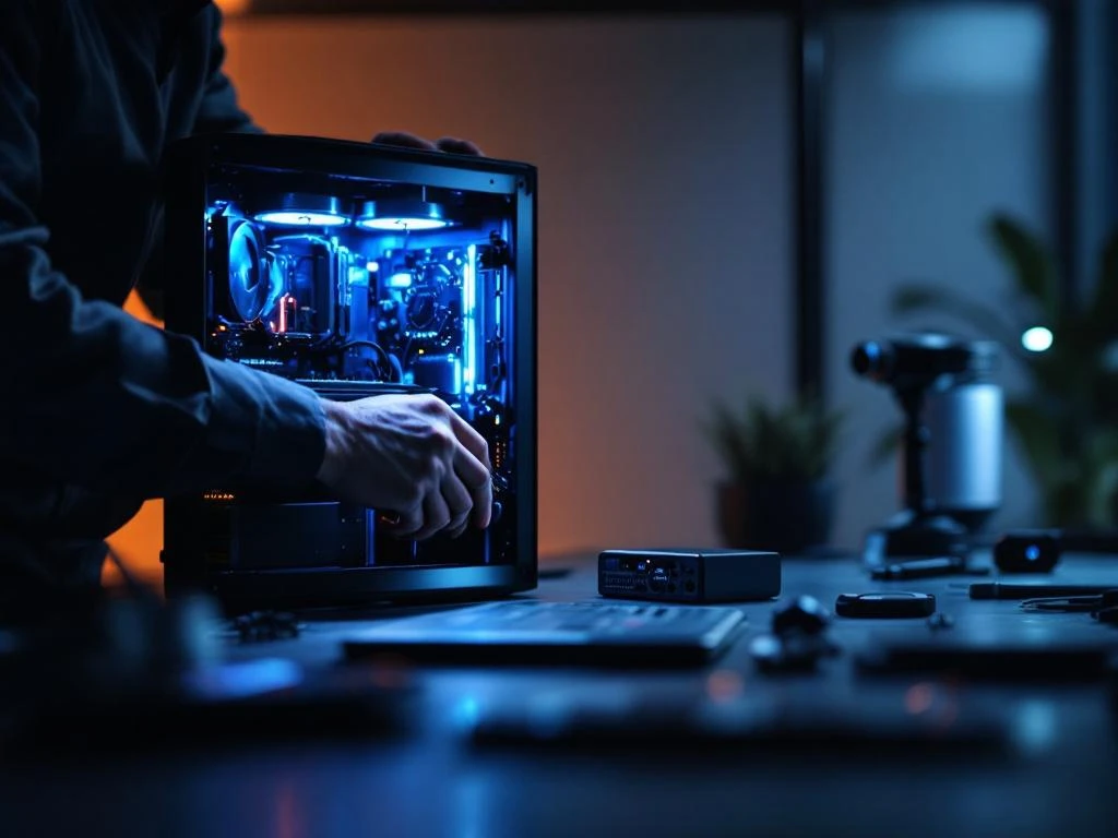 IT technician repairing computer tower in modern office with diagnostic tools and glowing circuit boards on workspace