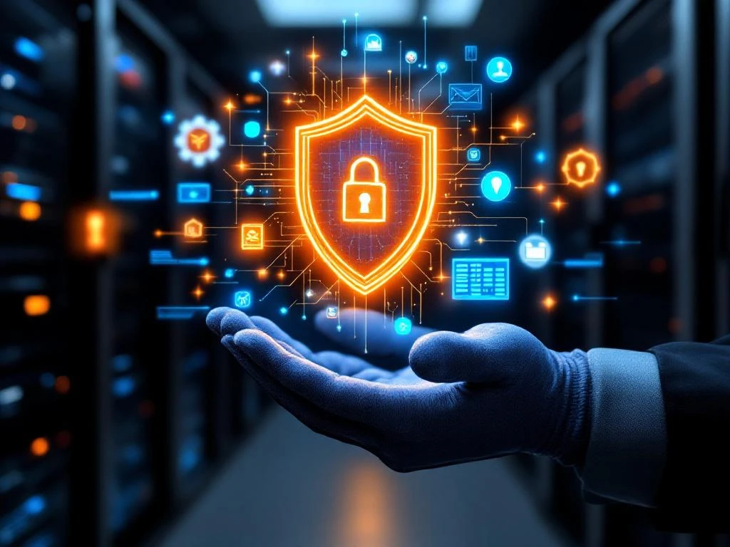 IT technician in gloves holding digital security shield hologram with glowing cybersecurity icons in modern server room