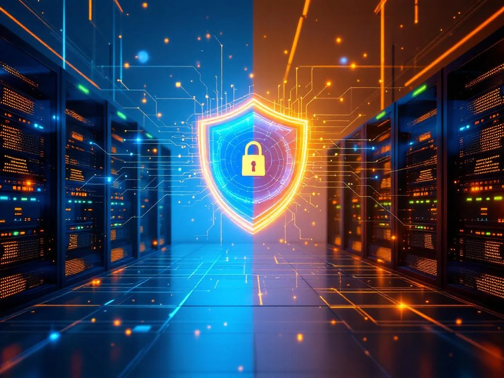 Modern data center with servers and networking equipment illuminated by orange and blue lights, featuring glowing digital connection lines forming a protective network pattern.