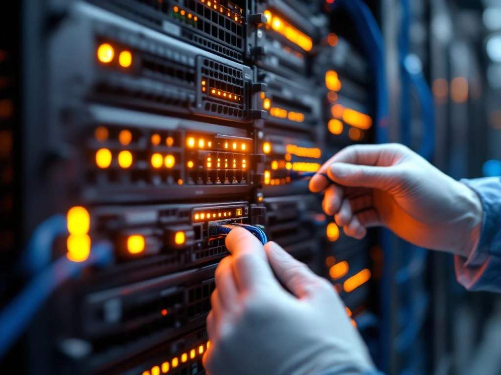 Technician in white gloves connecting ethernet cables to servers with orange LED lights in modern data center
