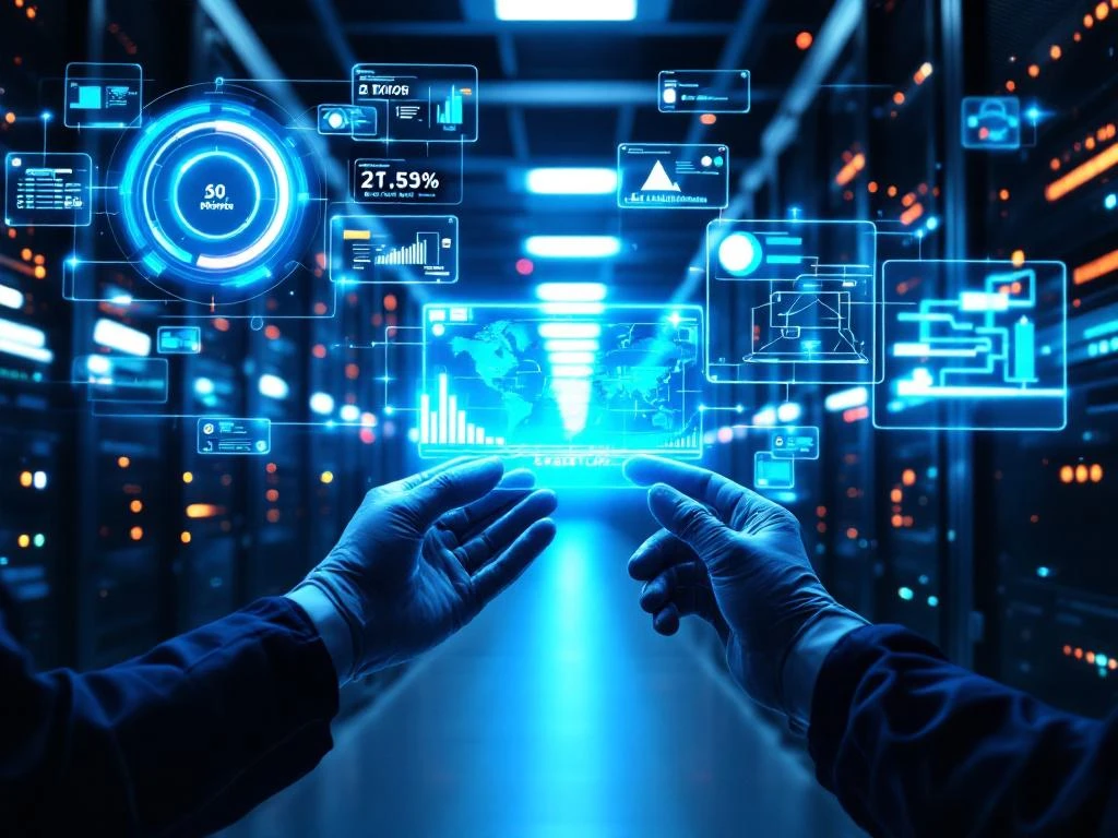 Technician in gloves working on illuminated server panel in data center with holographic system recovery displays