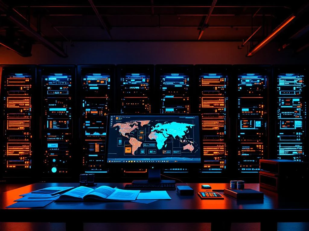 Server room with black server racks under emergency lighting, computer screens showing network diagrams, backup drives on desk