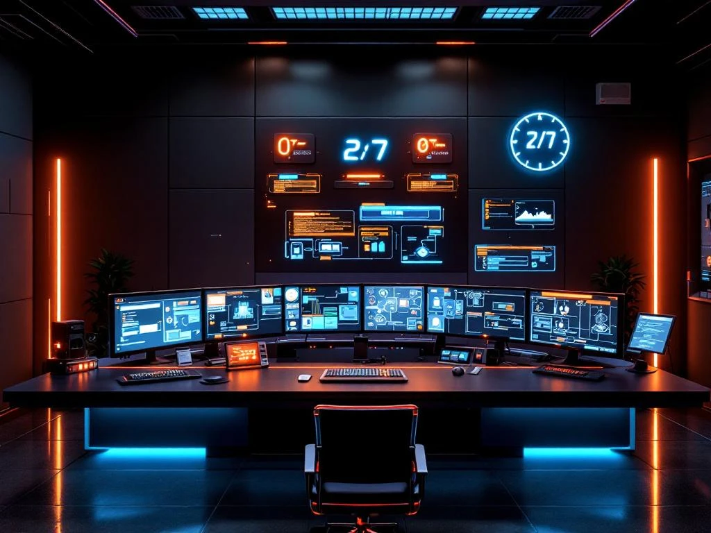 Emergency response control room with glowing monitors, dispatch console showing orange alerts and blue status lights, 24/7 clock