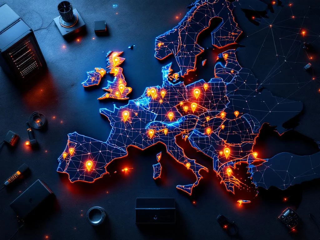European map with glowing orange and blue location pins connected by network lines, surrounded by IT equipment on dark surface