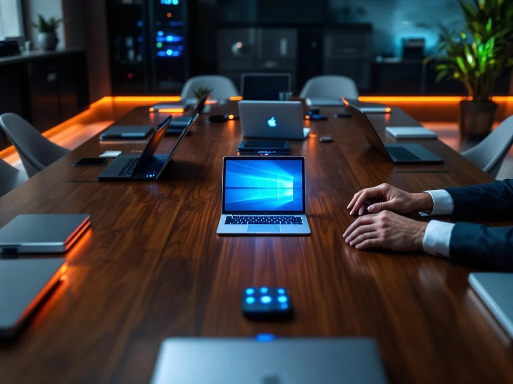 Executive boardroom with professionals using laptops and IT equipment around mahogany conference table, modern office setting