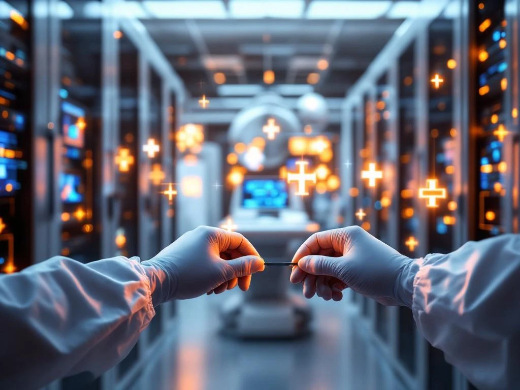Healthcare IT technician in medical gloves handling network cables in hospital server room with patient monitors and equipment
