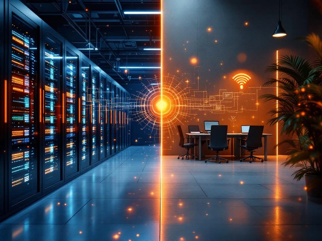 Split-screen showing blue-lit data center with server racks connected to orange-toned office workspace with laptops via digital bridge, representing hybrid IT support.