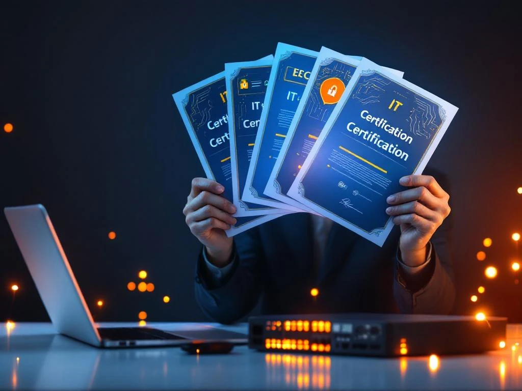 IT technician holding multiple certification badges and digital certificates with laptop and networking equipment on gradient background