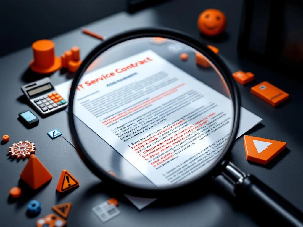 Magnifying glass revealing hidden fees in red ink on IT service contract with calculator and warning symbols on desk