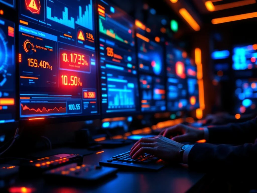 IT technician's hands on keyboard in modern control room with multiple monitors displaying system alerts and dashboards