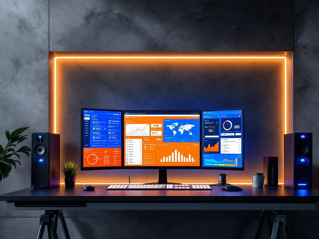 Modern IT workspace with multiple monitors displaying colorful analytics dashboards, network diagrams, and performance metrics
