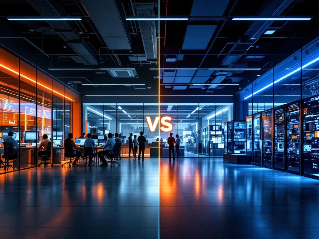 Split-screen comparison of internal IT office with orange lighting versus outsourced service center with blue lighting