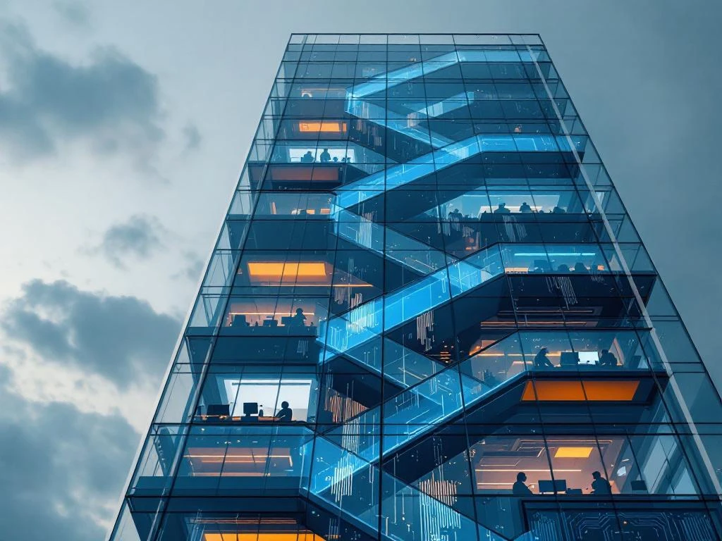 Modern glass office building with IT professionals at workstations, curved staircase center, orange to blue lighting gradient.