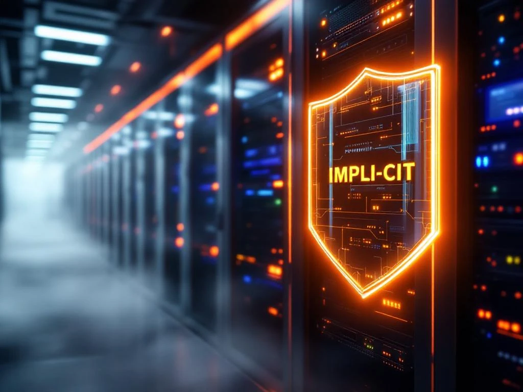 Holographic shield protecting IT servers in modern data center with glowing orange and blue LED indicators