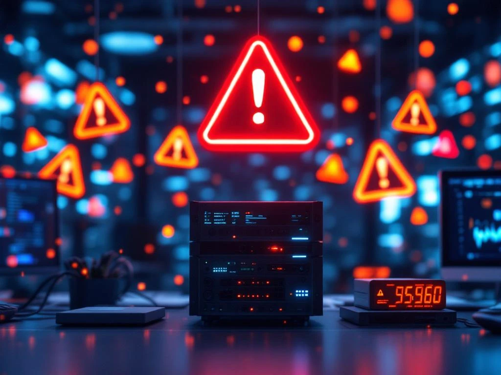 IT server room with glowing red warning alerts and notification symbols above computer equipment and network cables