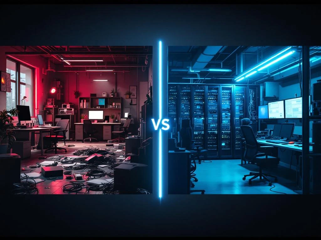 Split-screen comparison of chaotic IT break-fix office with broken computers versus organized managed IT server room