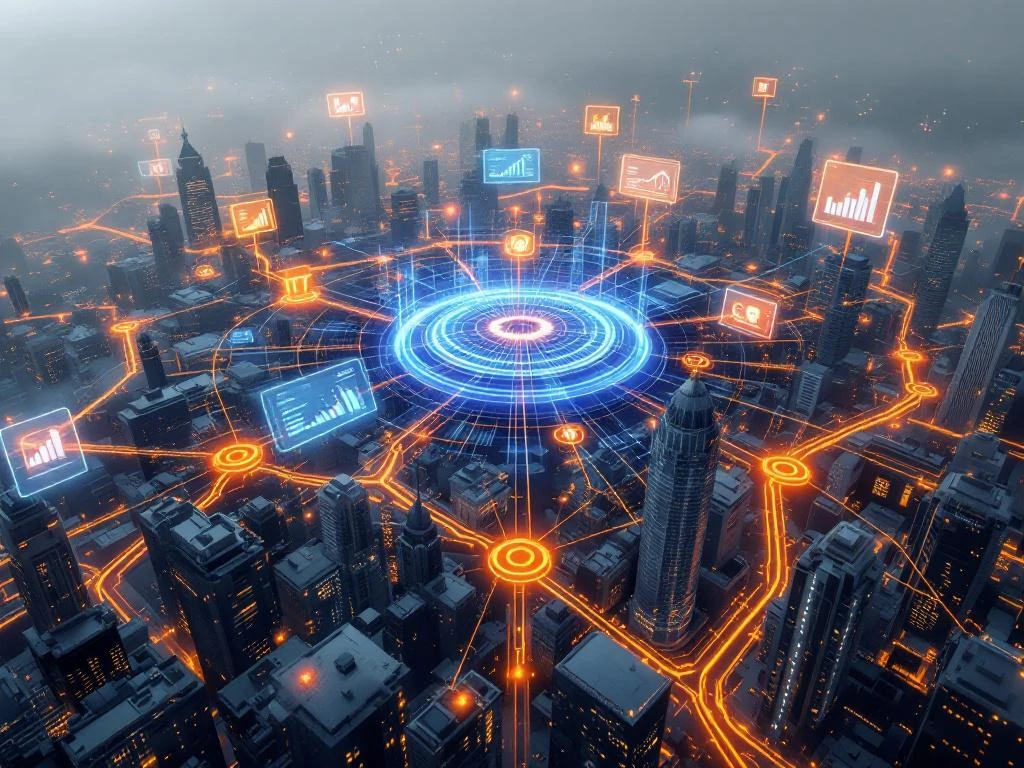 Aerial view of connected cities with glowing orange and blue data streams, floating IT cost analysis charts and support icons