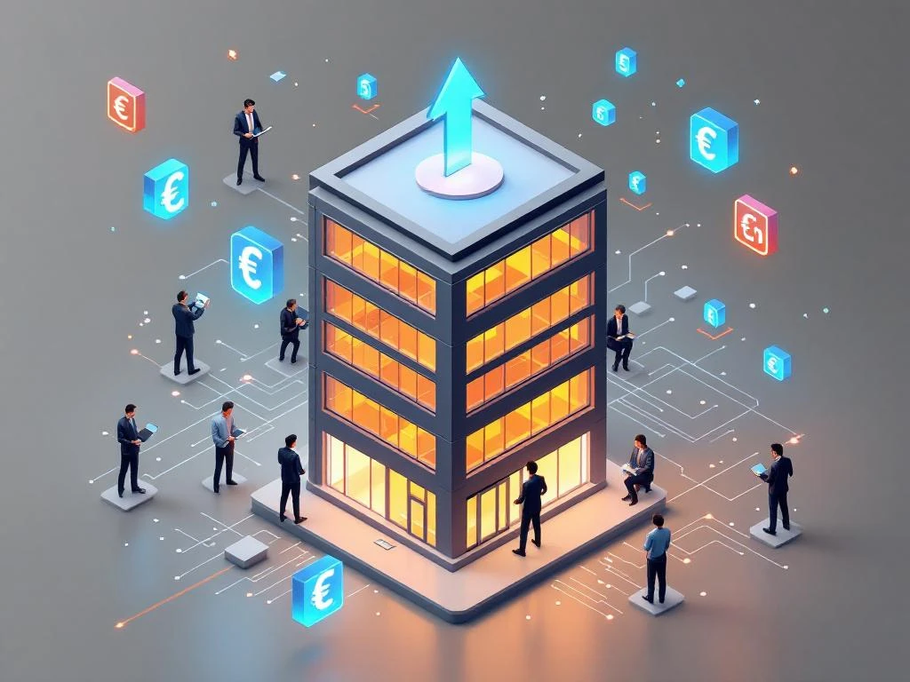 Modern office building with glowing windows surrounded by IT technicians working with laptops and rising cost symbols