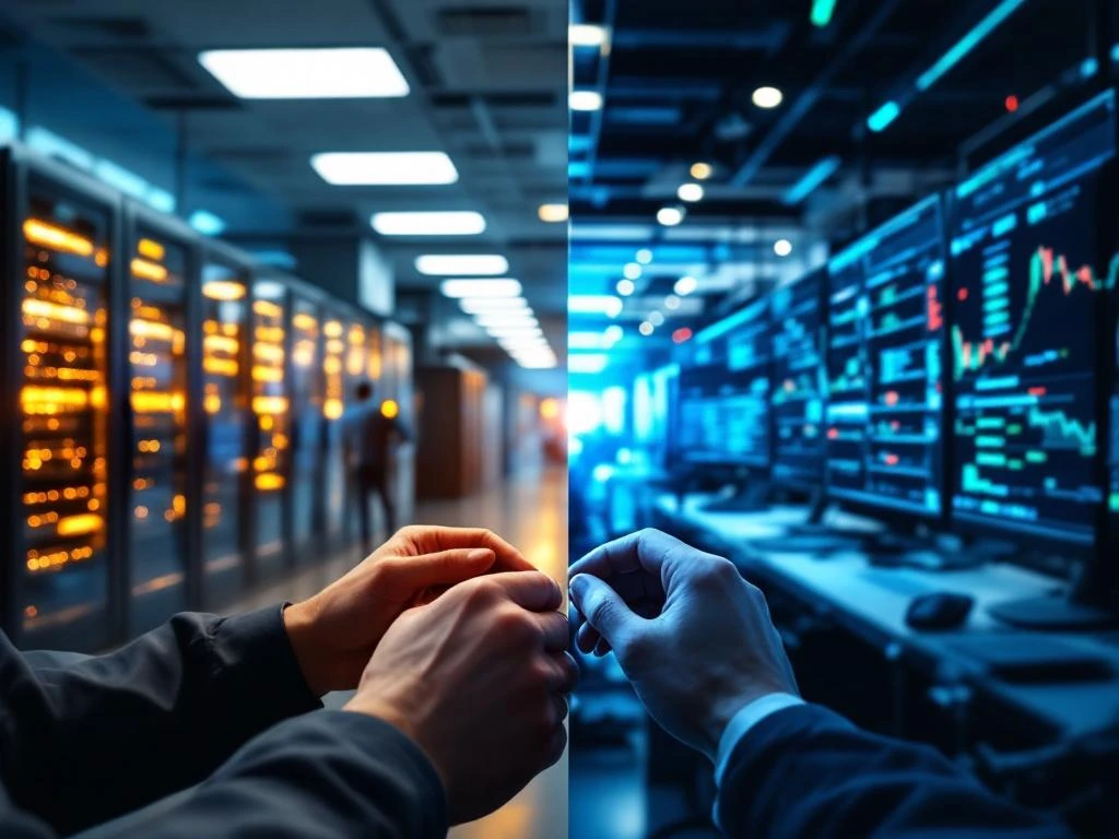 IT technician working on server hardware with split-screen view of hospital medical equipment and financial trading floor