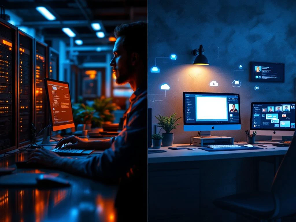 IT technician providing onsite computer support in modern office contrasted with remote support home office setup