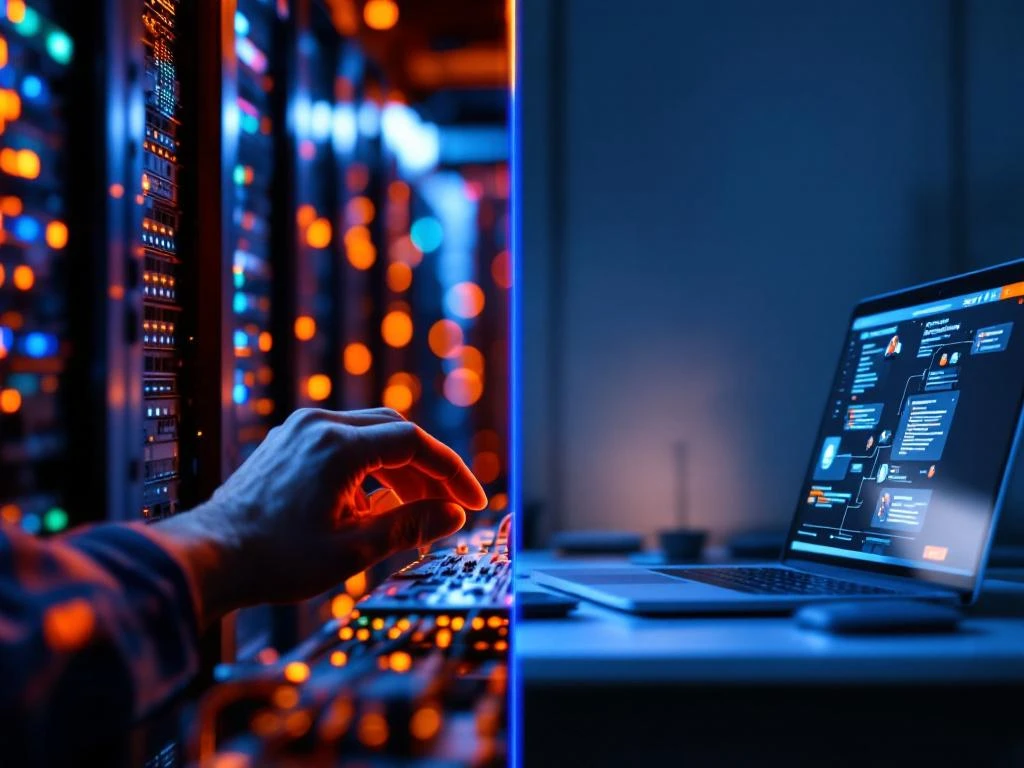 Split-screen showing IT technician working on server hardware in data center versus remote laptop support in home office.
