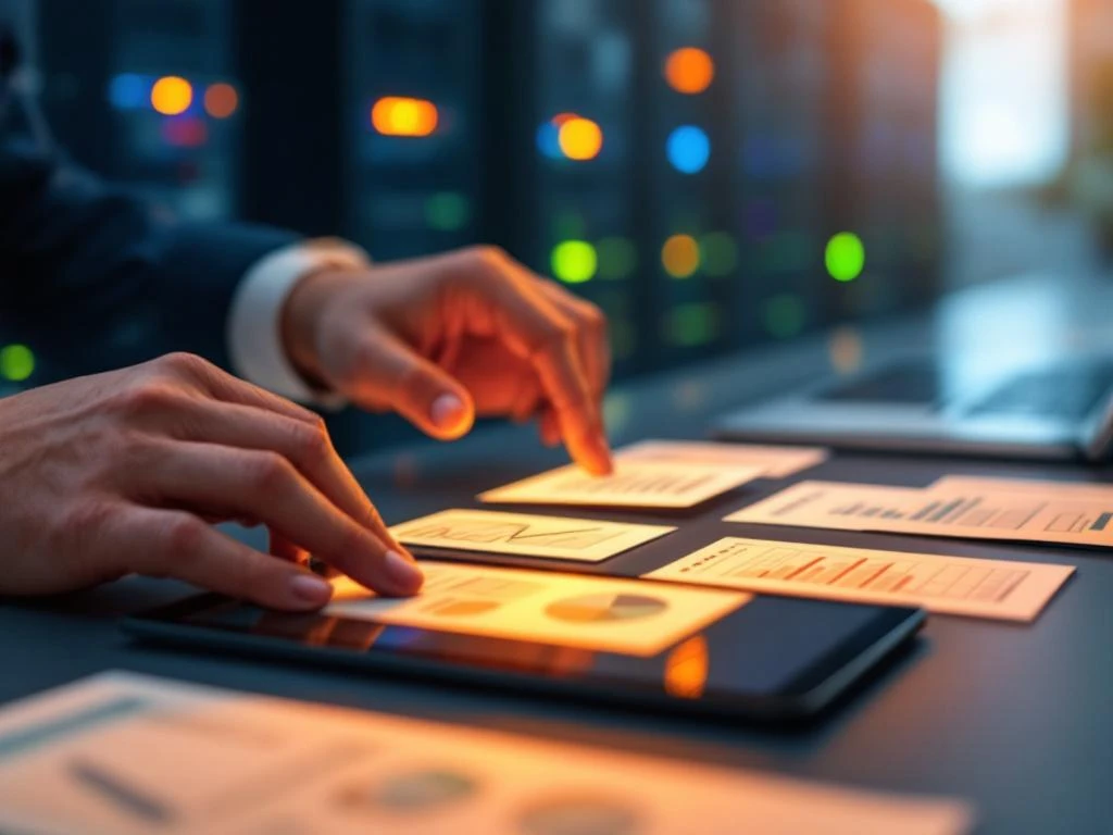 Hands selecting IT support service cards on desk with orange and blue lighting in professional office setting