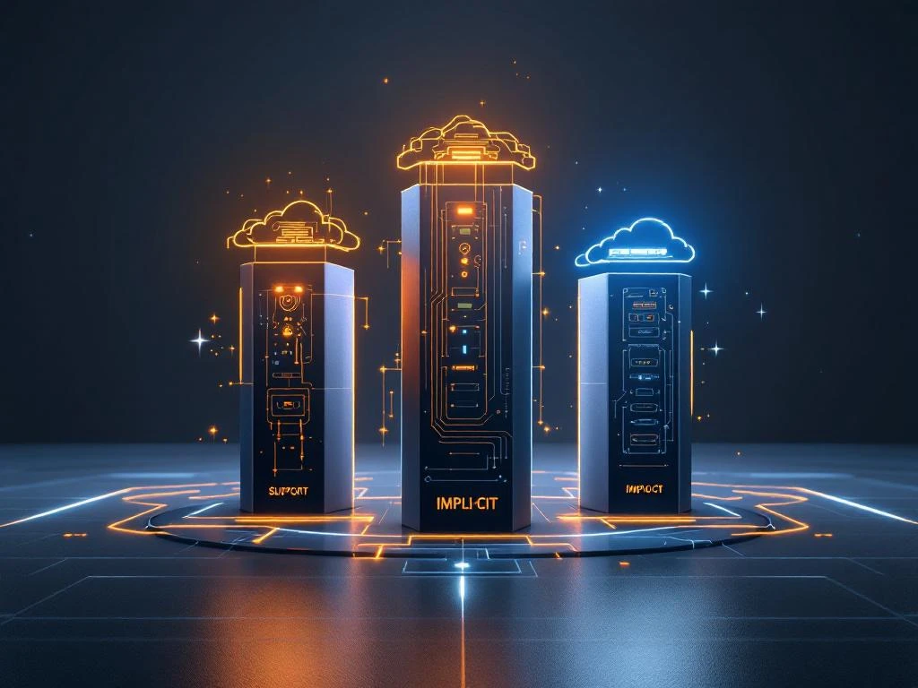 Three technological pillars representing IT support services with hardware, network, and cloud elements in orange and blue lighting on gray background.