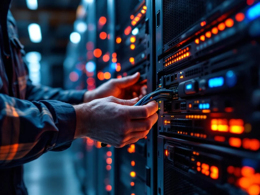 IT technician's hands working on server equipment in modern data center with blinking LED lights and fiber optic cables