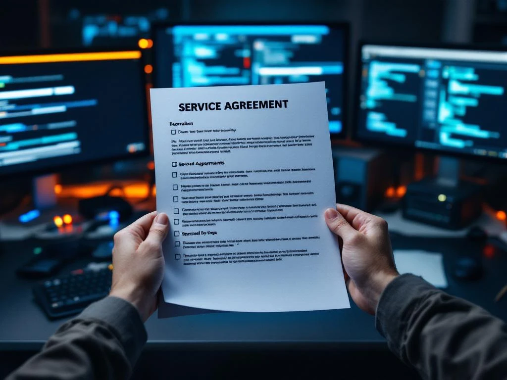 IT technician hands holding service agreement document at modern office desk with multiple computer monitors and diagnostic equipment