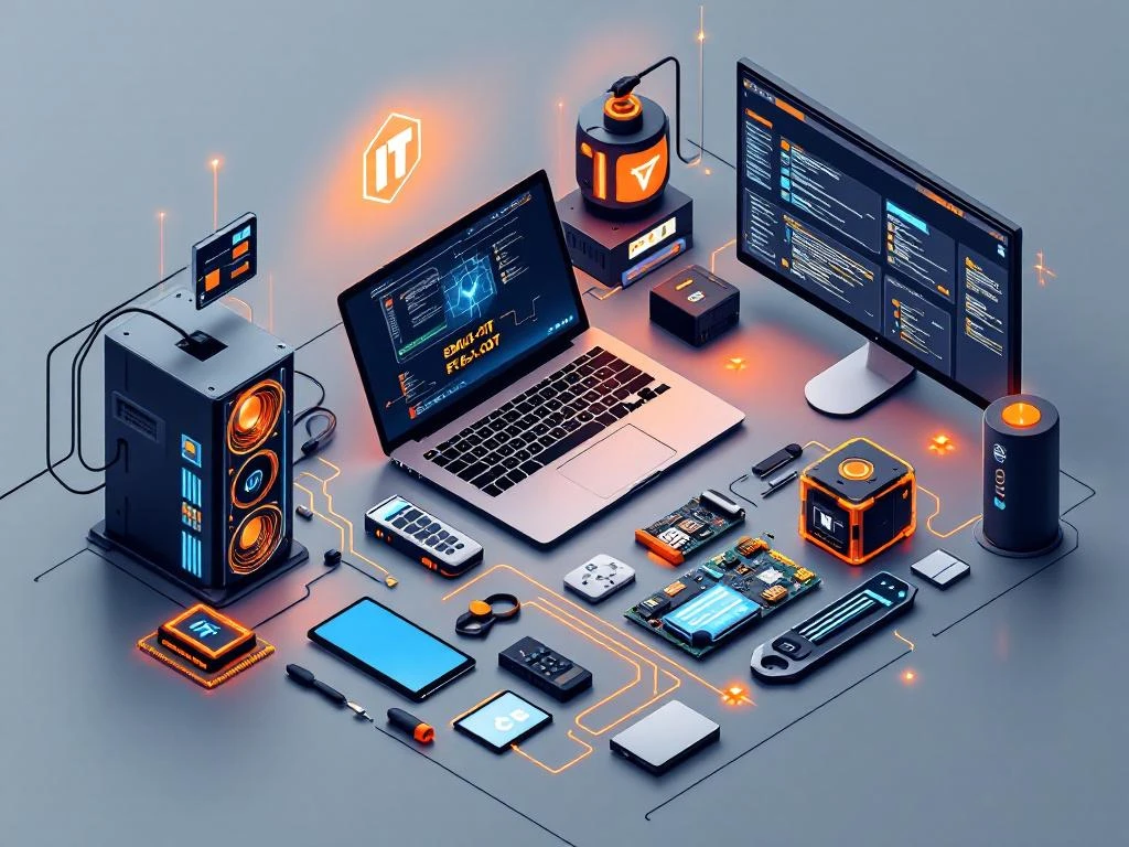 IT technician's toolkit with laptop, diagnostic tools, and cables in modern office environment with orange and blue tech equipment highlights