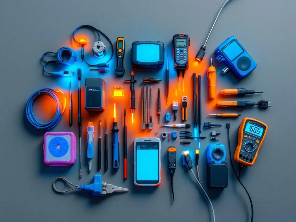 Professional IT technician's toolkit with precision screwdrivers, cable testers, and network cables arranged on workspace