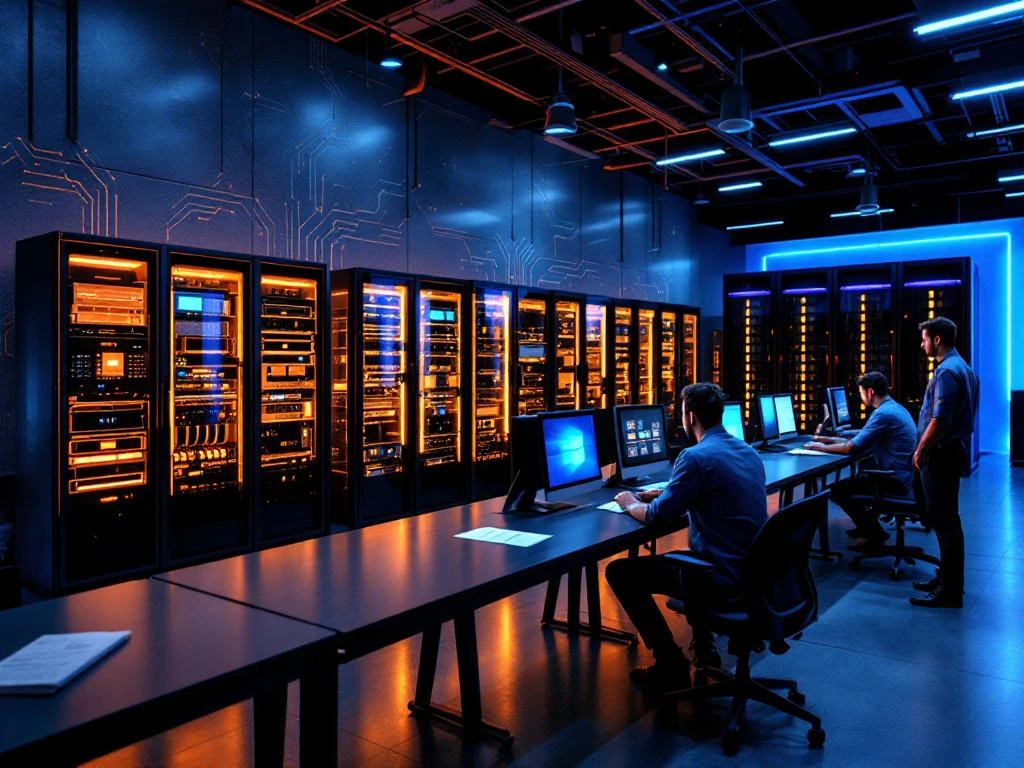 IT technicians training in modern corporate classroom with glowing server racks, computer workstations, and hands-on learning.