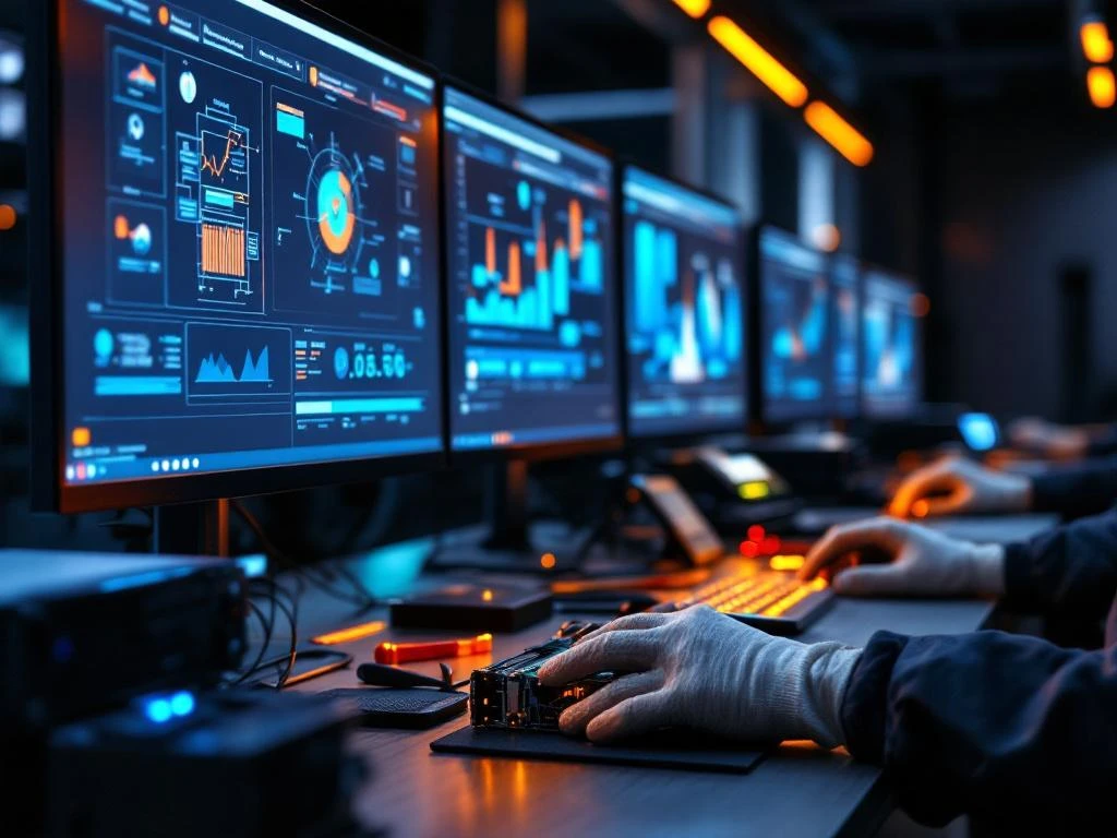 IT professional in safety gloves working on server hardware at modern training workstation with multiple monitors and diagnostic tools