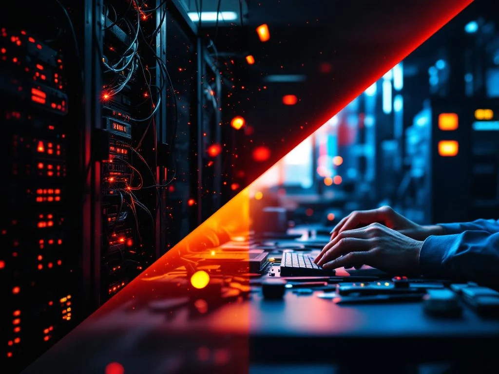 Split-screen showing server room crisis with red warning lights and sparking equipment versus IT technician repairing hardware