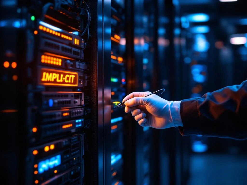Professional IT technician in white gloves installing server equipment in modern data center with orange and blue lighting