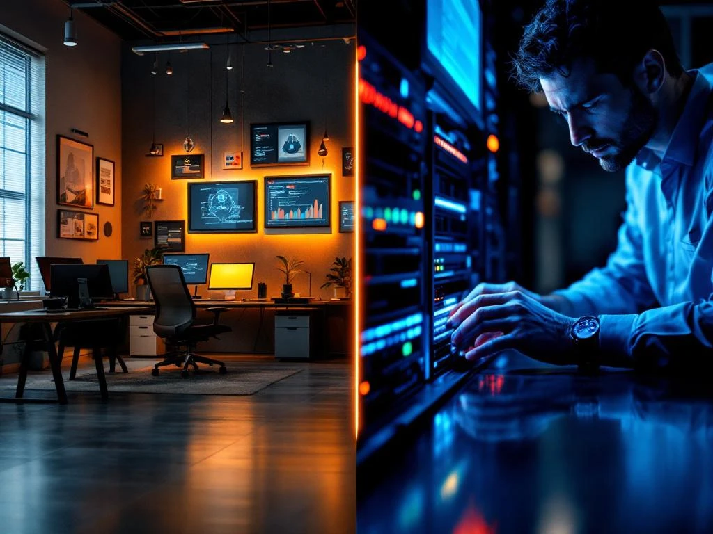 Split-screen showing modern office computers on left and IT technician servicing server hardware on right with orange and blue lighting