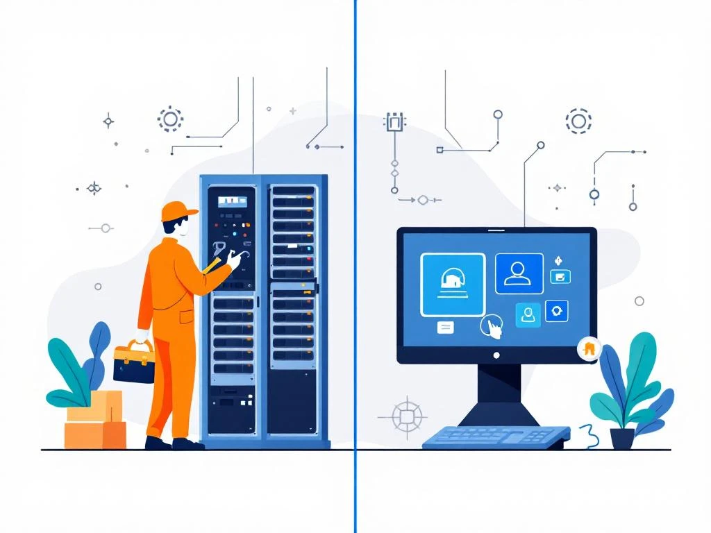Split-screen illustration comparing onsite IT technician with toolbox servicing server hardware versus remote IT support interface with diagnostic tools on computer screen.