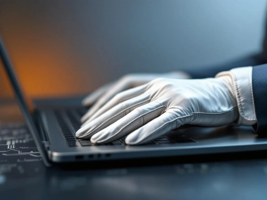 White-gloved hands holding modern laptop with orange to blue gradient background and subtle circuit patterns