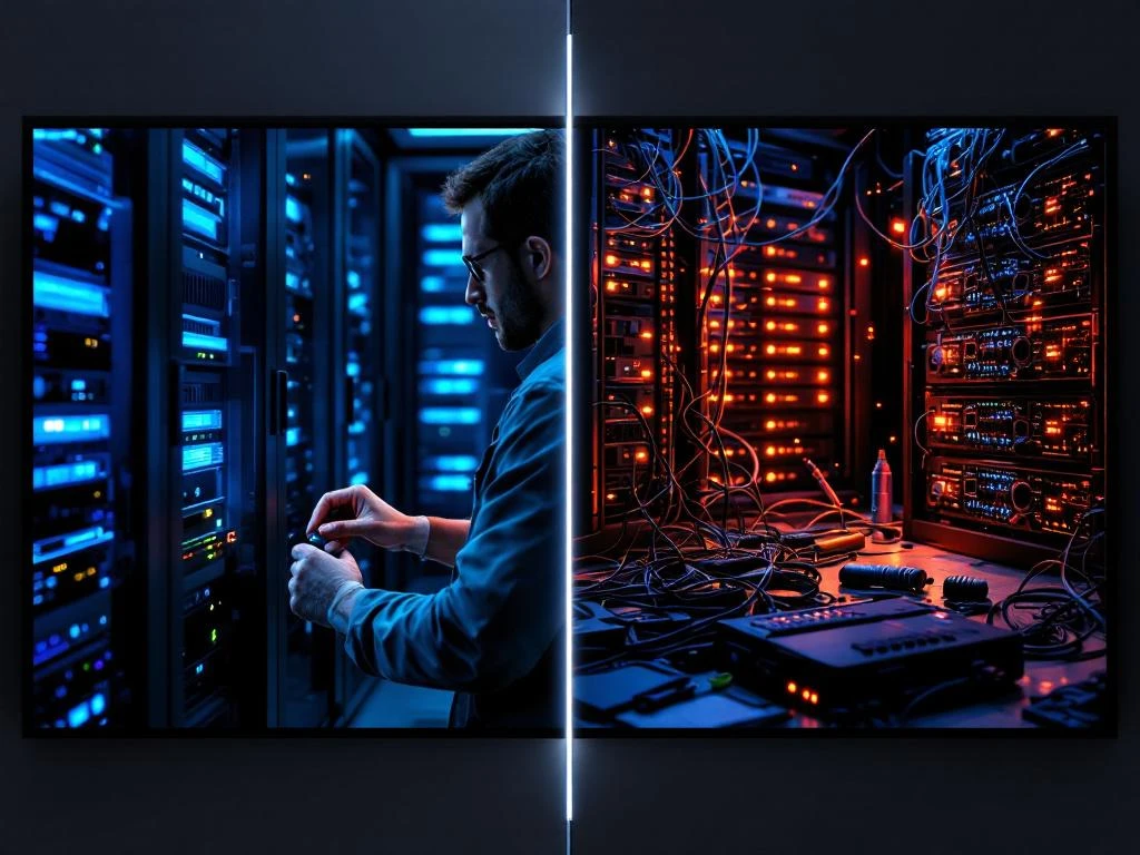 Split-screen comparison of organized server room with blue LED indicators versus chaotic server room with red warning lights and scattered repair tools.