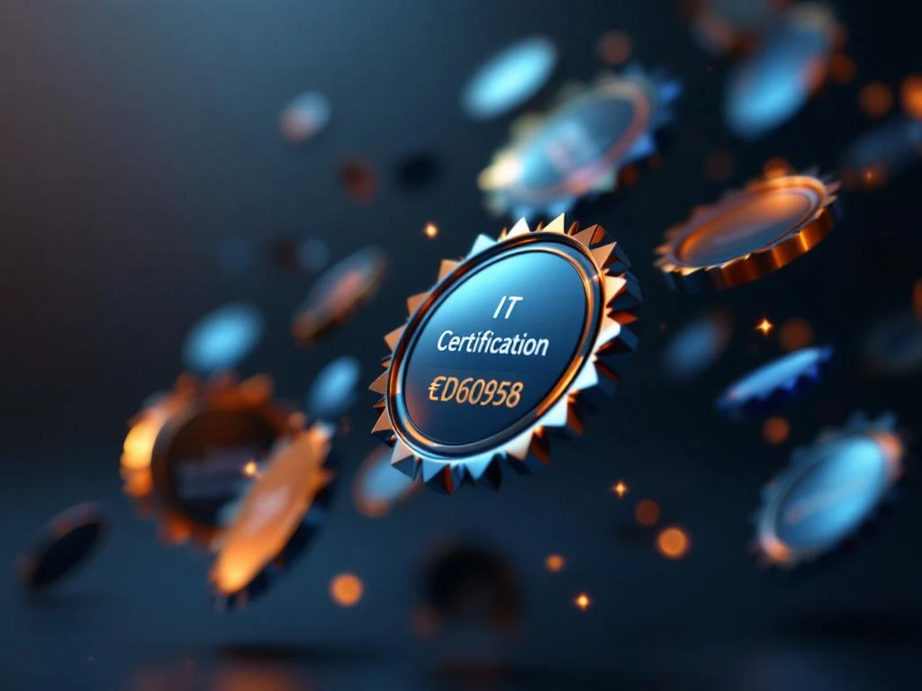 Professional IT certification badges with orange and blue accents floating in spiral pattern against gray gradient background