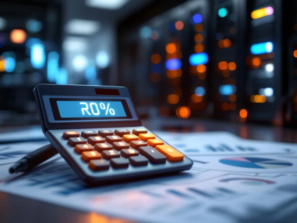 Calculator displaying ROI percentages on desk with IT servers and network equipment in background, warm lighting on keys