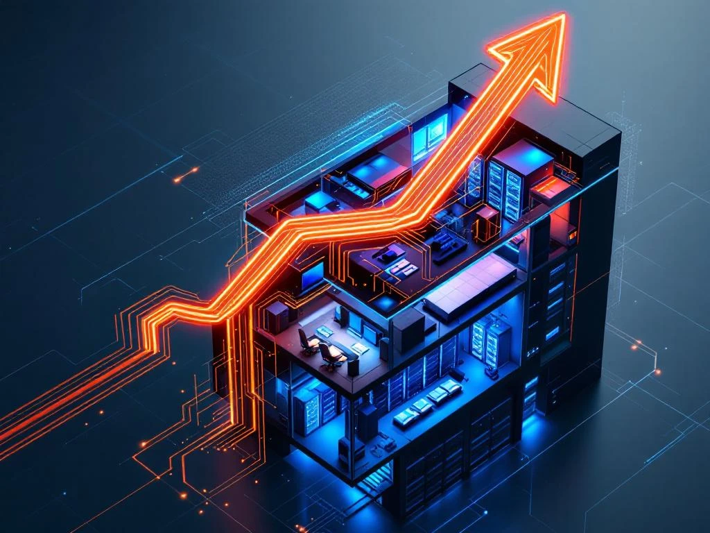 Aerial cross-section of modern office building with glowing orange circuit arrow flowing upward through floors of IT servers and workstations