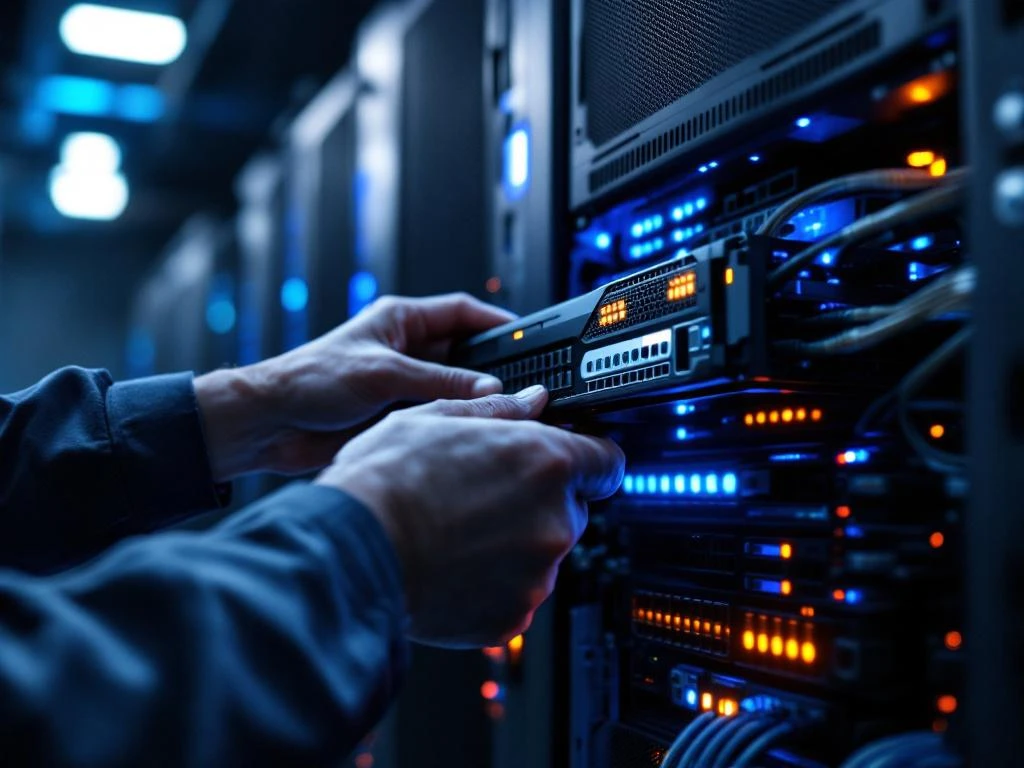 Technician installing server blade into data center rack with glowing orange LED indicators and blue accent lighting.