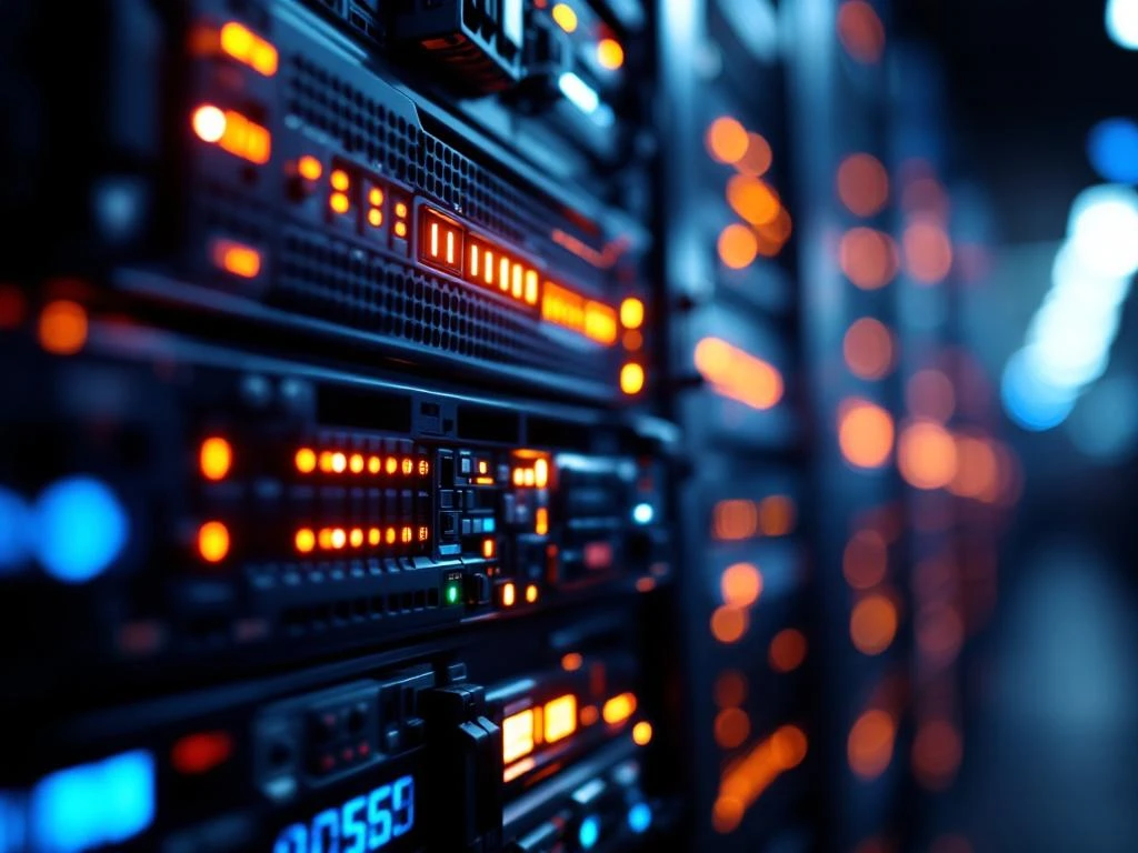 Server rack with three tiers of equipment showing glowing LED indicators and fiber optic cables in modern data center